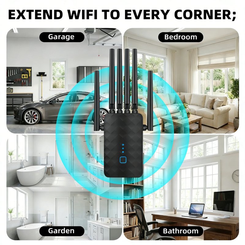 Ourlife 2026 6-Antenna Dual Band WiFi Range Extender, 2.4GHz & 5GHz Signal Booster Repeater with 1200Mbps Speed, Wall-Through WiFi Amplifier, Ethernet Port, Repeater & AP Mode (Black)
