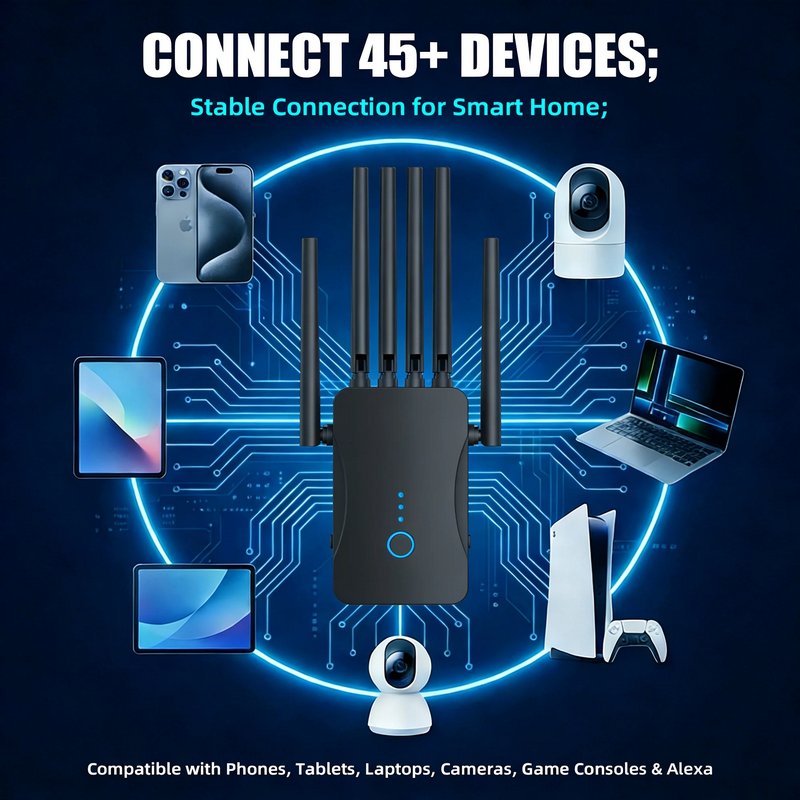 Ourlife 2026 Dual Band WiFi Range Extender with 6 External Antennas, AC1200 Signal Booster Repeater, 2.4GHz & 5GHz, Ethernet Port, Wall Plug WiFi Amplifier (Black)