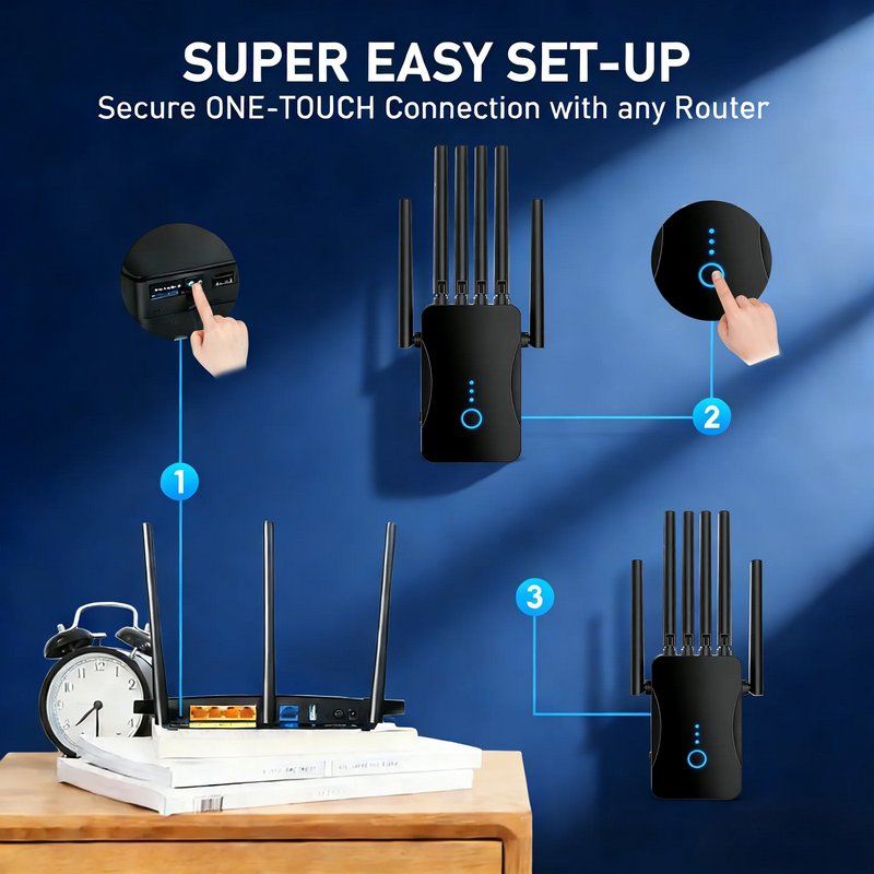 Ourlife 2026 Dual Band WiFi Range Extender with 6 External Antennas, AC1200 Signal Booster Repeater, 2.4GHz & 5GHz, Ethernet Port, Wall Plug WiFi Amplifier (Black)