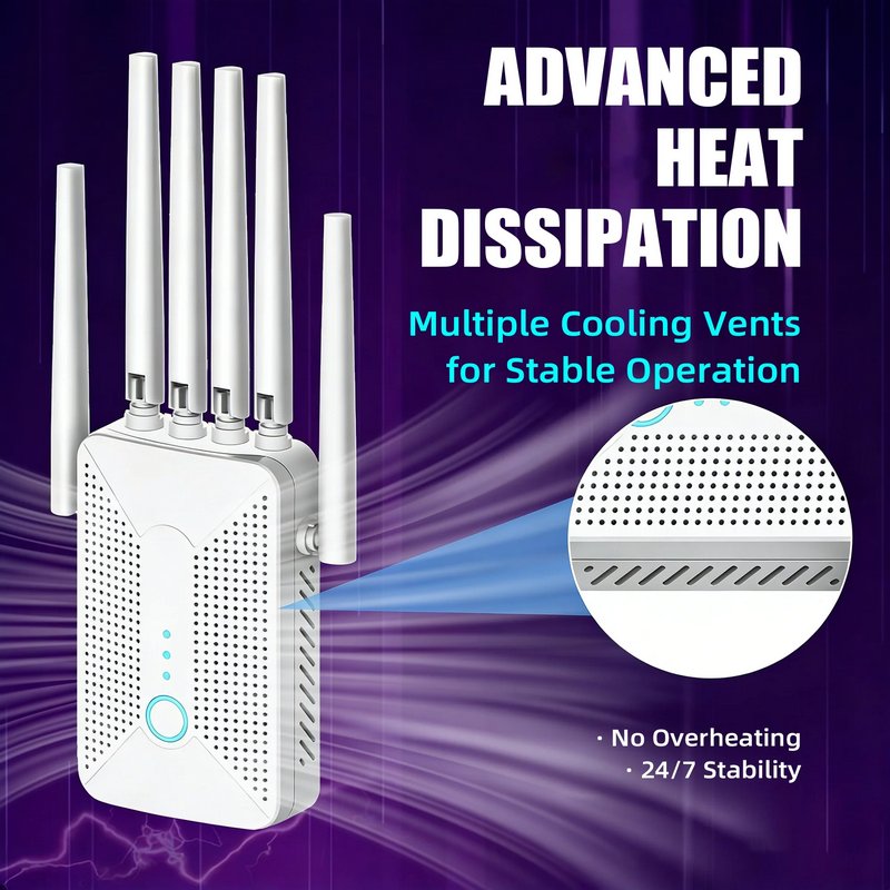 6 External Antennas Ourlife 2026 Dual Band WiFi Range Extender, AC1200 2.4GHz & 5GHz Signal Booster with Ethernet Port, Ventilated Cooling Design (White).