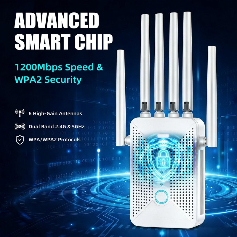 6 External Antennas Ourlife 2026 Dual Band WiFi Range Extender, AC1200 2.4GHz & 5GHz Signal Booster with Ethernet Port, Ventilated Cooling Design (White).