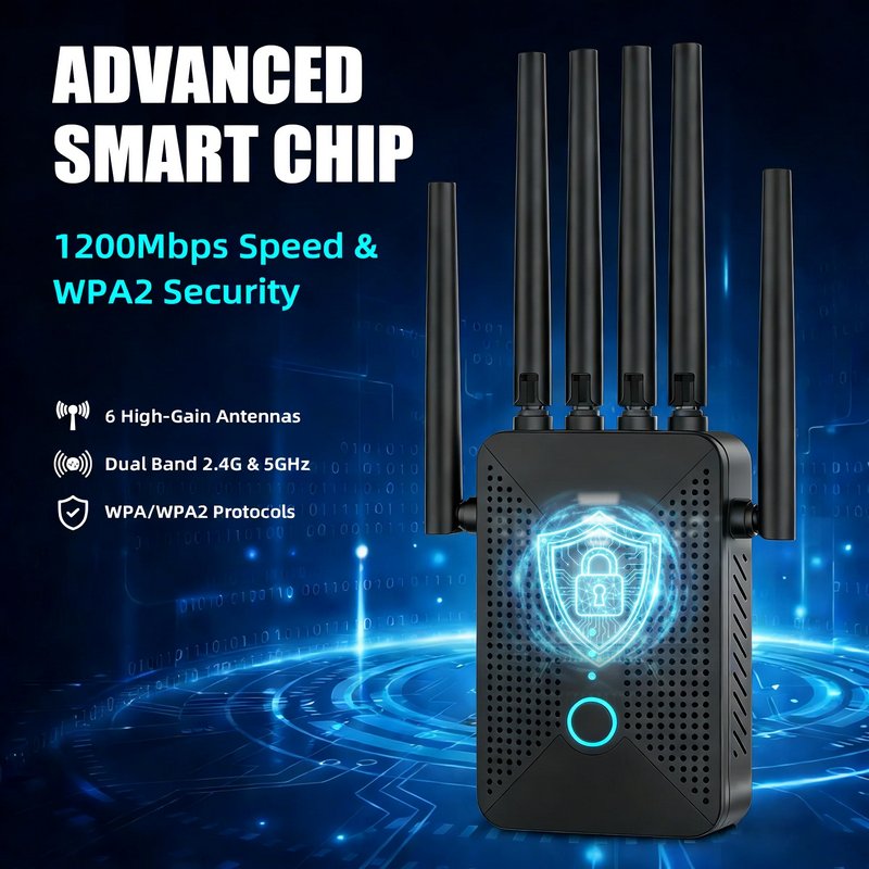 6 External Antennas Ourlife 2026 Dual Band WiFi Range Extender, AC1200 2.4GHz & 5GHz Signal Booster with Ethernet Port, Ventilated Cooling Design (Black).