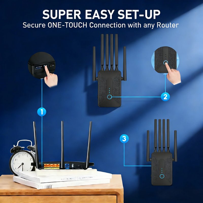 6 External Antennas Ourlife 2026 Dual Band WiFi Range Extender, AC1200 2.4GHz & 5GHz Signal Booster with Ethernet Port, Ventilated Cooling Design (Black).